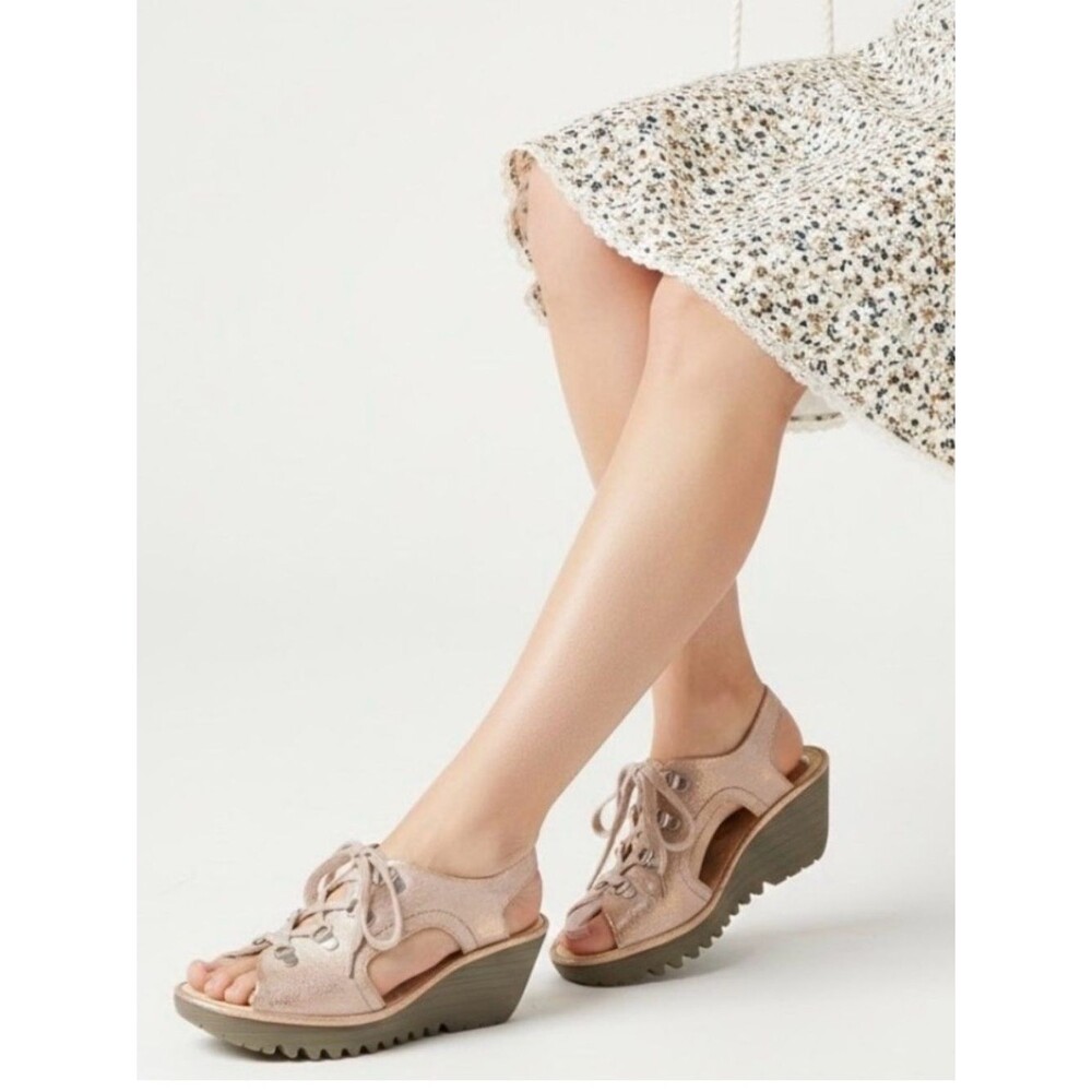 Fly London YLFA Luna Metallic Rose Gold Leather Lace Up Wedge Sandals 38